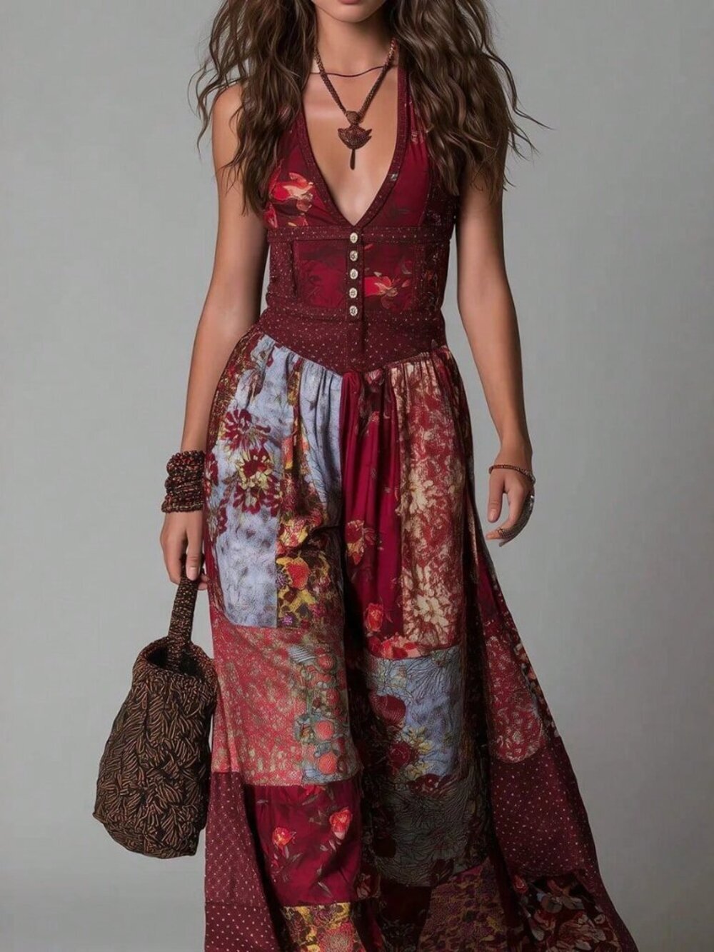 Brown Boho Women's Deep V Halter Floral Patchwork Jumpsuit